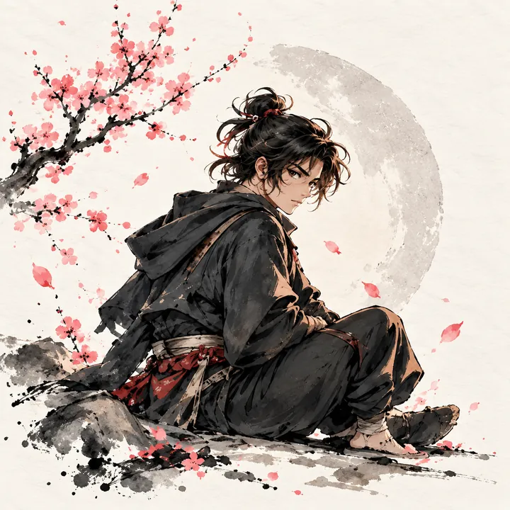 A young ninja sits under a cherry tree, hood up, at the start of the path.