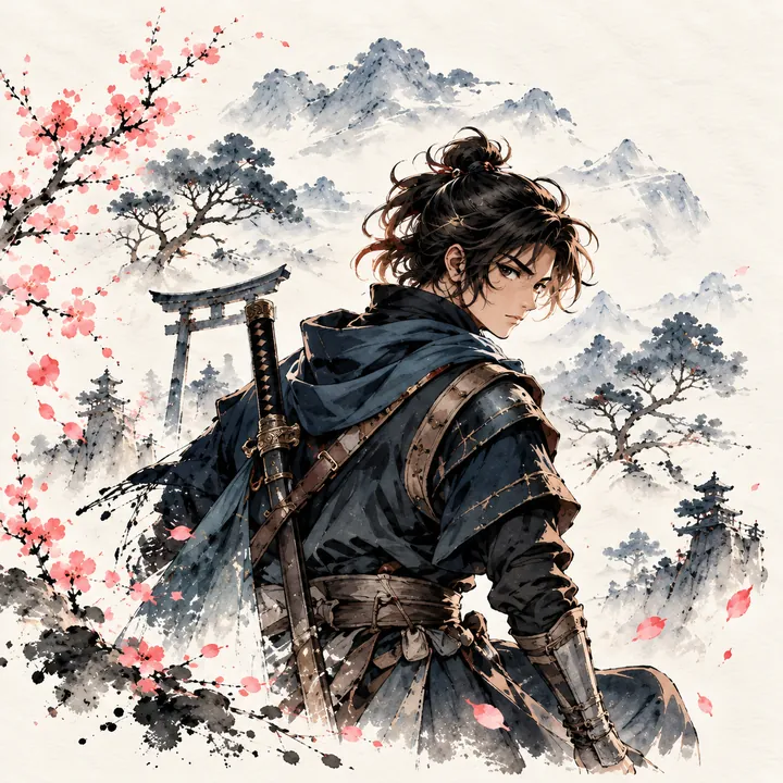 The ninja with a katana on his back in front of a torii gate.
