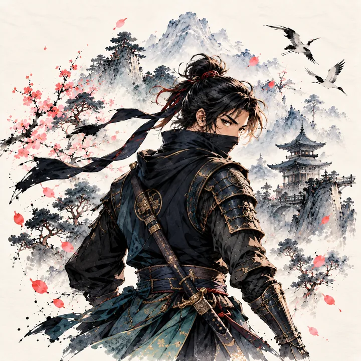 The masked ninja in armour, with cranes and a mountain temple behind.