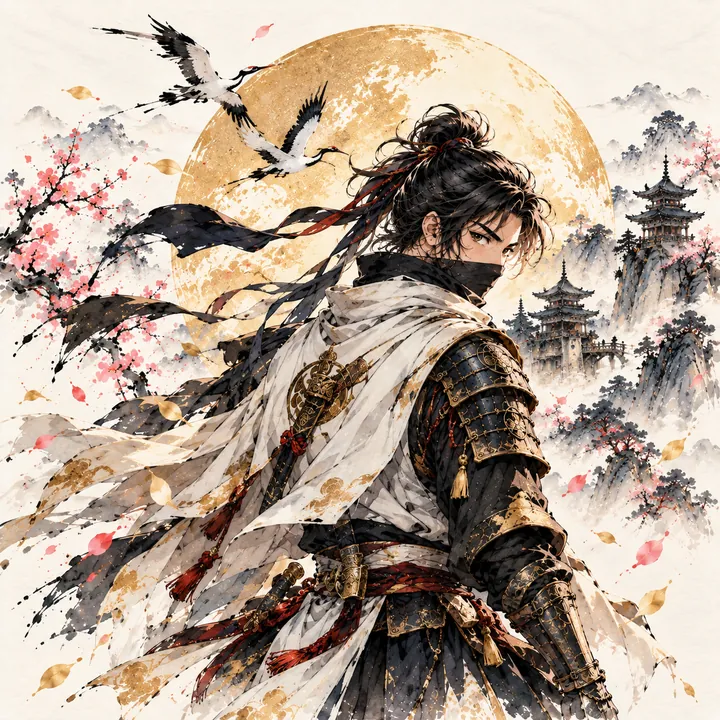 The ninja in a white cloak before a golden moon.