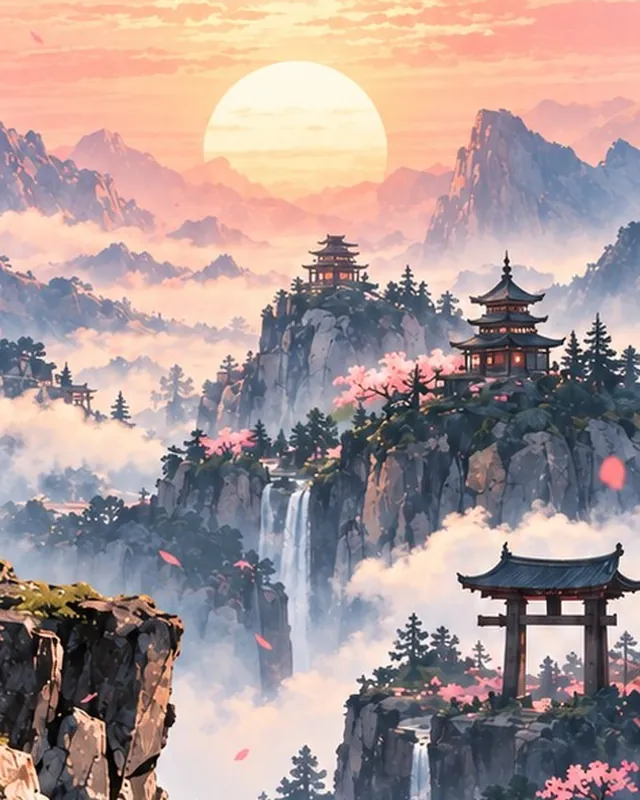 A pink sunrise over pagodas, waterfalls and a torii gate.