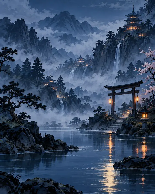 The same valley at night, under rain and heavy mist.